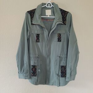 Modcloth Aztec Utility Green Jacket Medium Green Army Pockets Embroidered Boho
